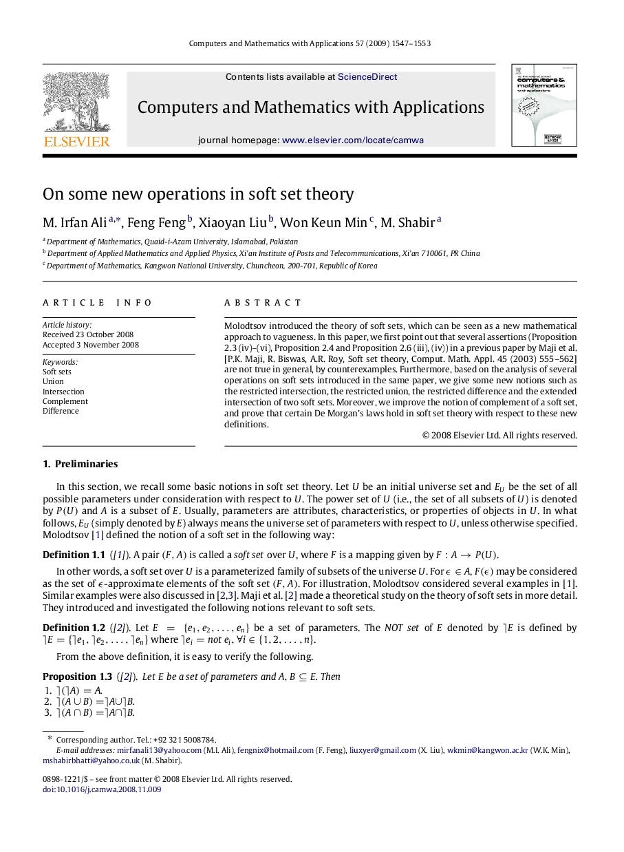 On some new operations in soft set theory