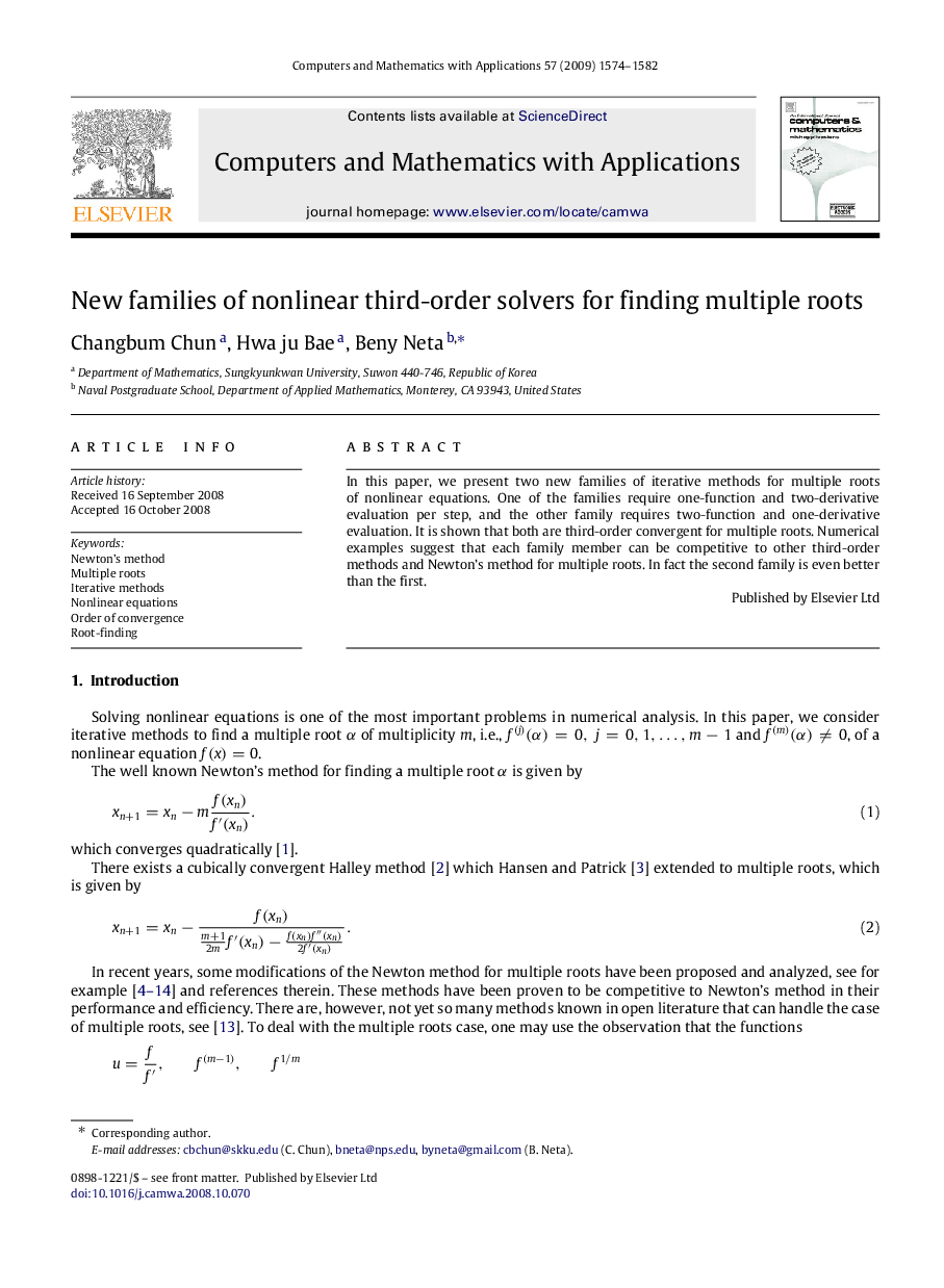 New families of nonlinear third-order solvers for finding multiple roots