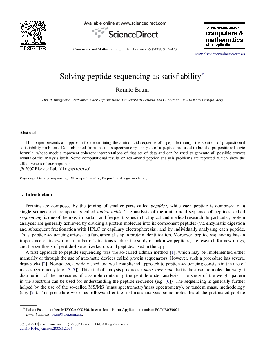 Solving peptide sequencing as satisfiability 