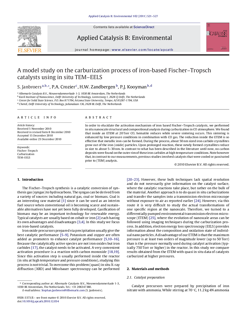 A model study on the carburization process of iron-based Fischer–Tropsch catalysts using in situ TEM–EELS