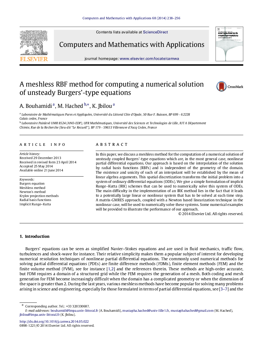 عکس صفحه اول مقاله: A meshless RBF method for computing a numerical solution of unsteady Burgers’-type equations A meshless RBF method for computing a numerical solution of unsteady Burgers’-type equations