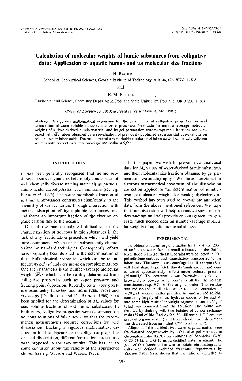 Calculation of molecular weights of humic substances from colligative data: Application to aquatic humus and its molecular size fractions