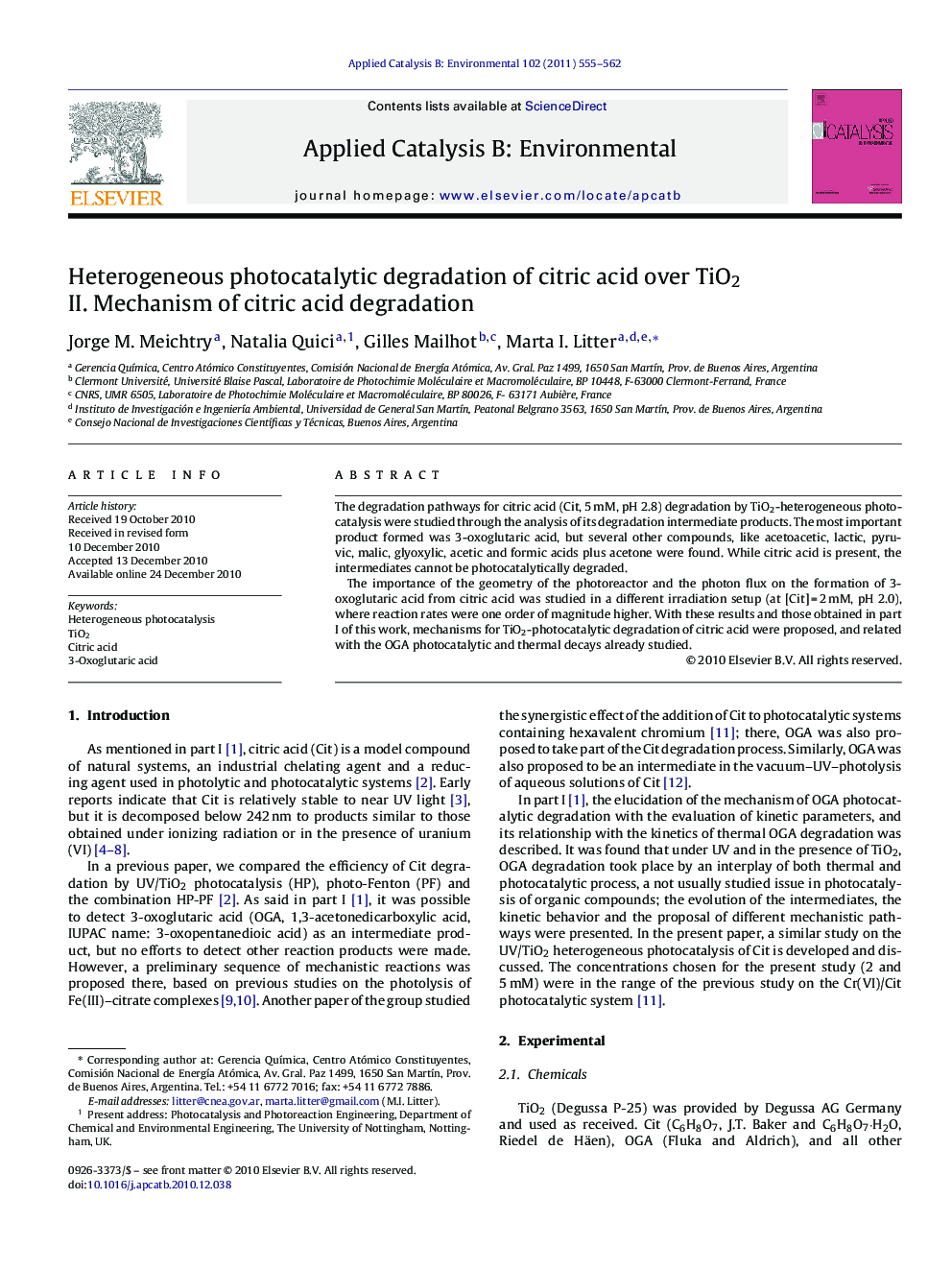 Heterogeneous photocatalytic degradation of citric acid over TiO2: II. Mechanism of citric acid degradation