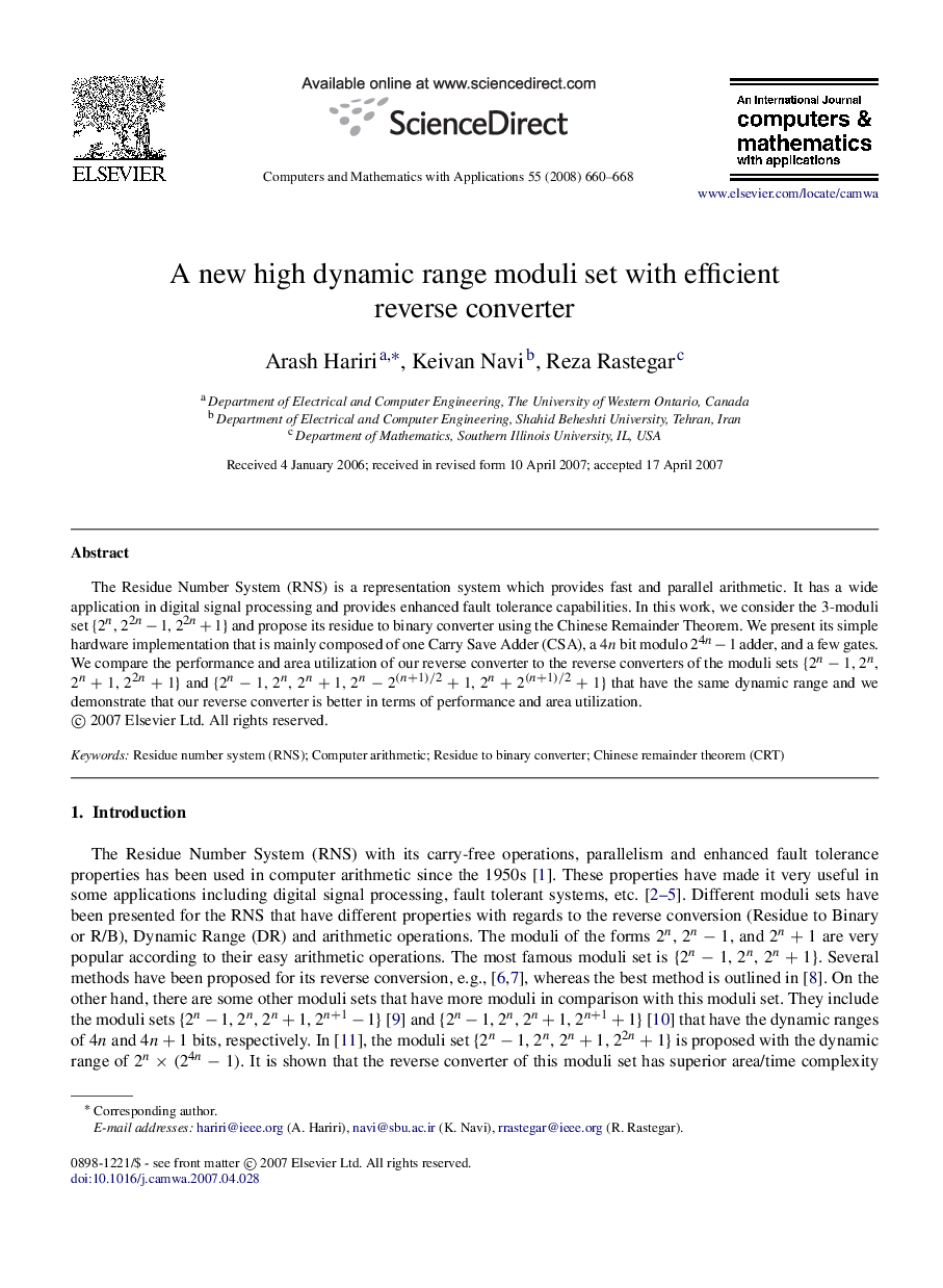 A new high dynamic range moduli set with efficient reverse converter