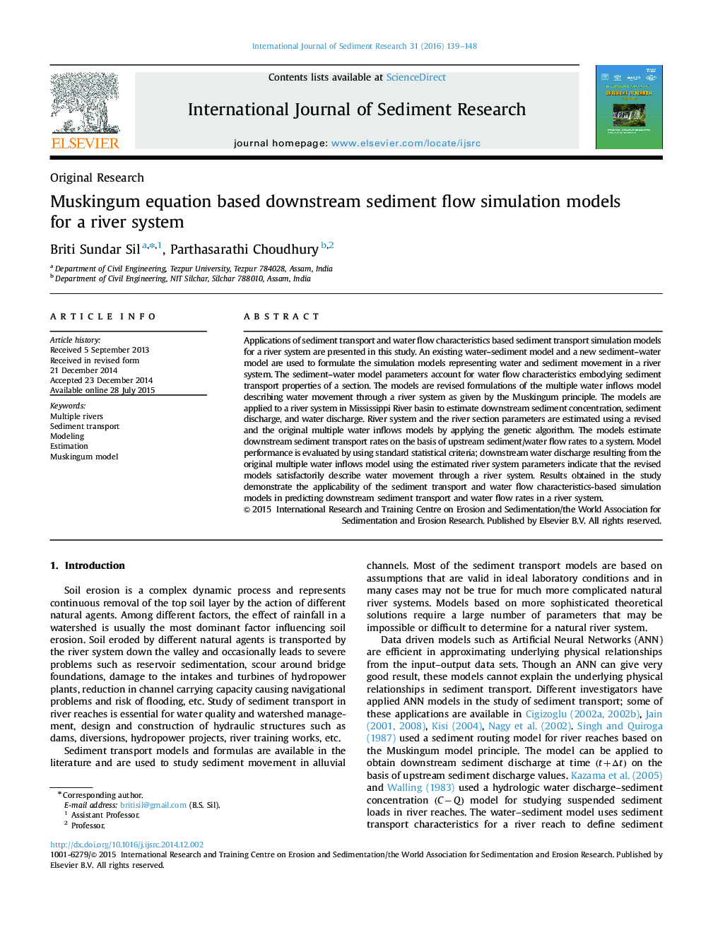 Muskingum equation based downstream sediment flow simulation models for a river system