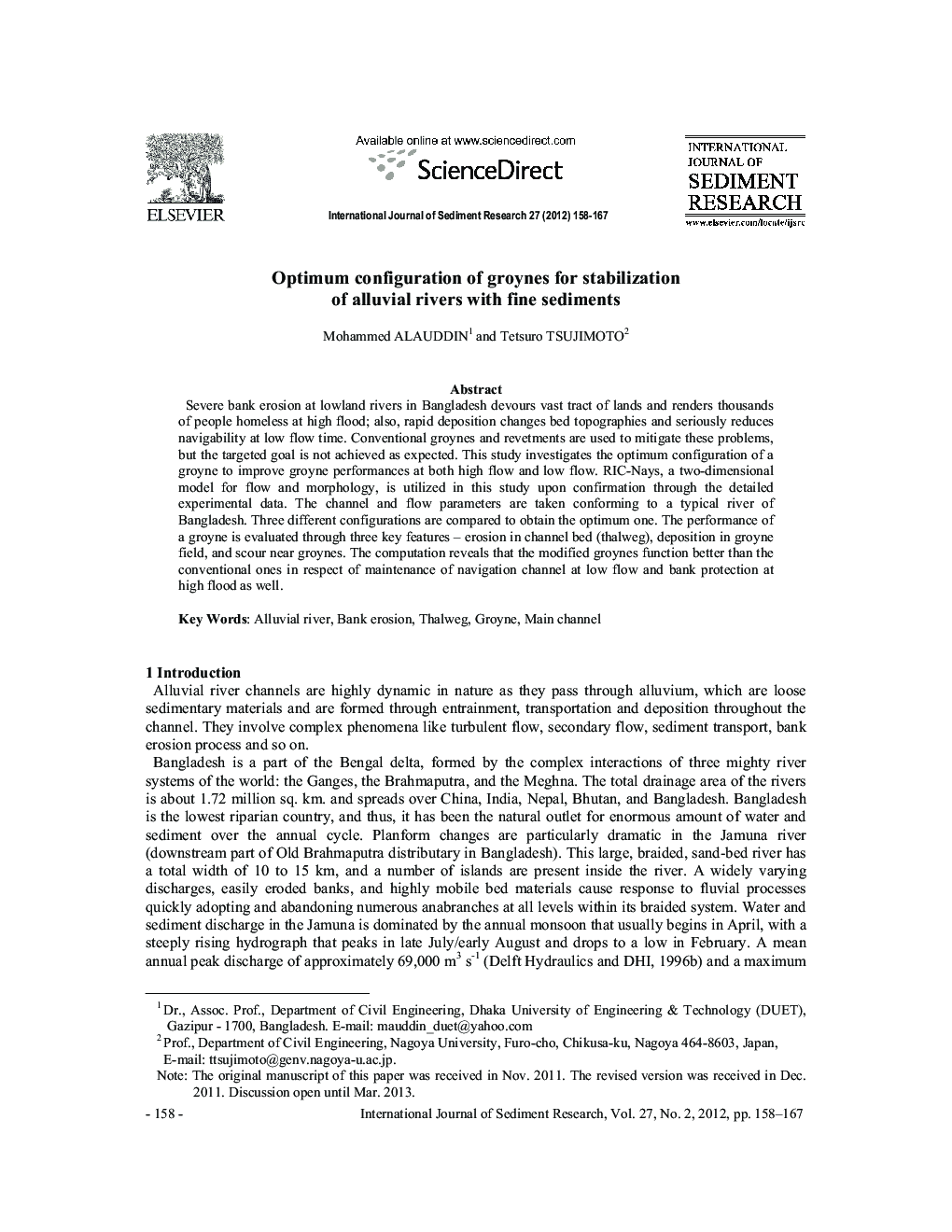 Optimum configuration of groynes for stabilization of alluvial rivers with fine sediments 