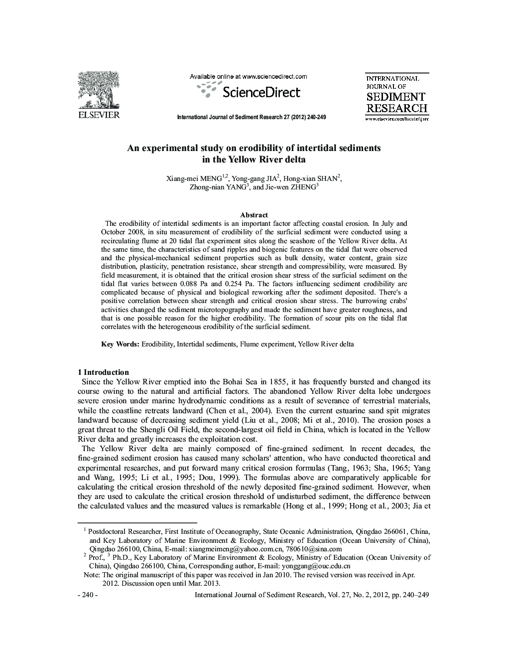 An experimental study on erodibility of intertidal sediments in the Yellow River delta 