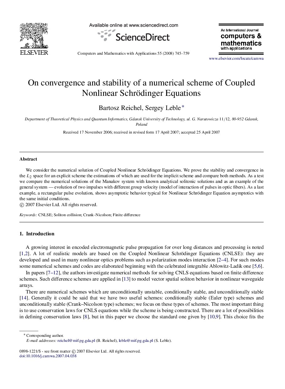 On convergence and stability of a numerical scheme of Coupled Nonlinear Schrödinger Equations