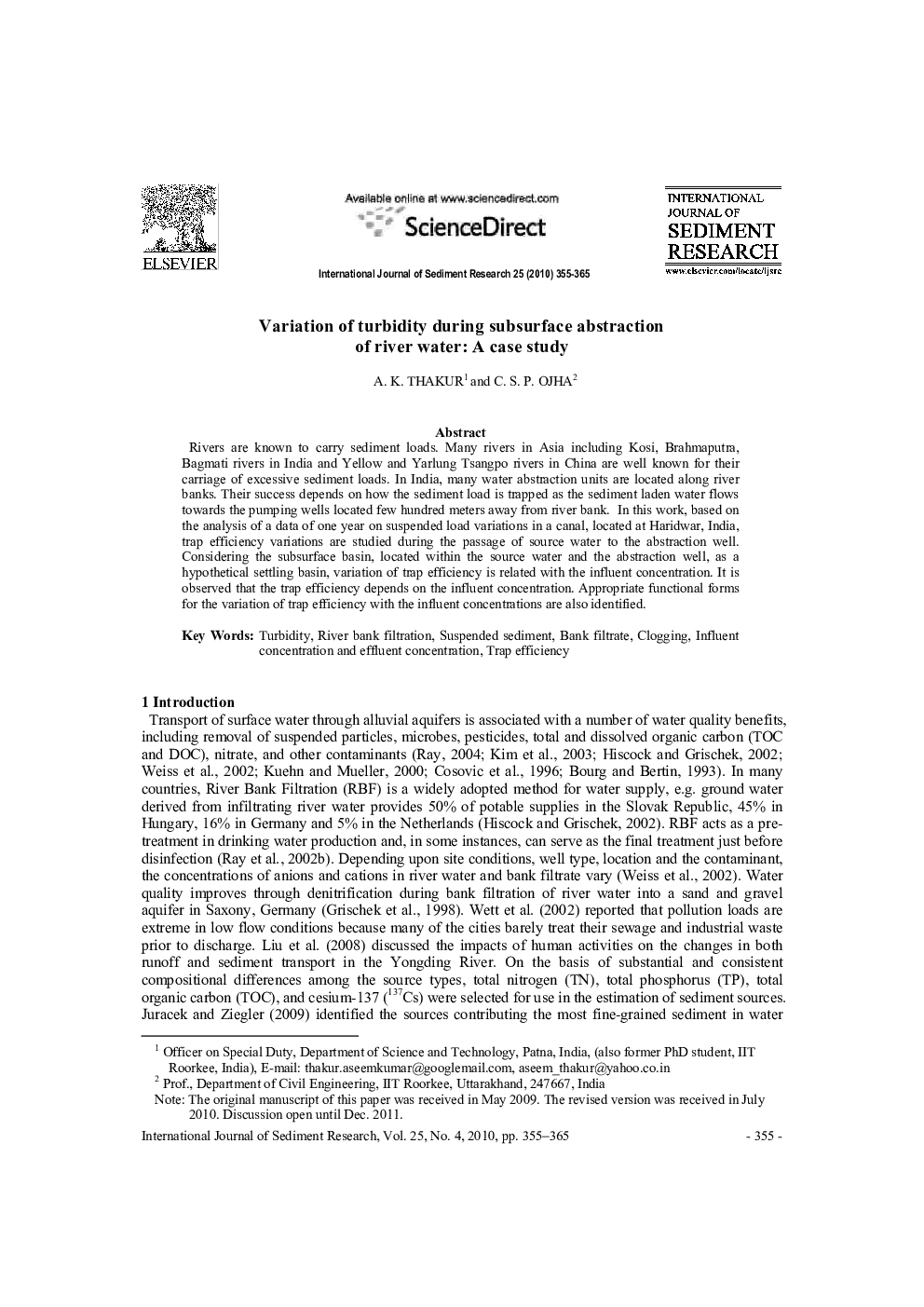 Variation of turbidity during subsurface abstraction of river water: A case study 