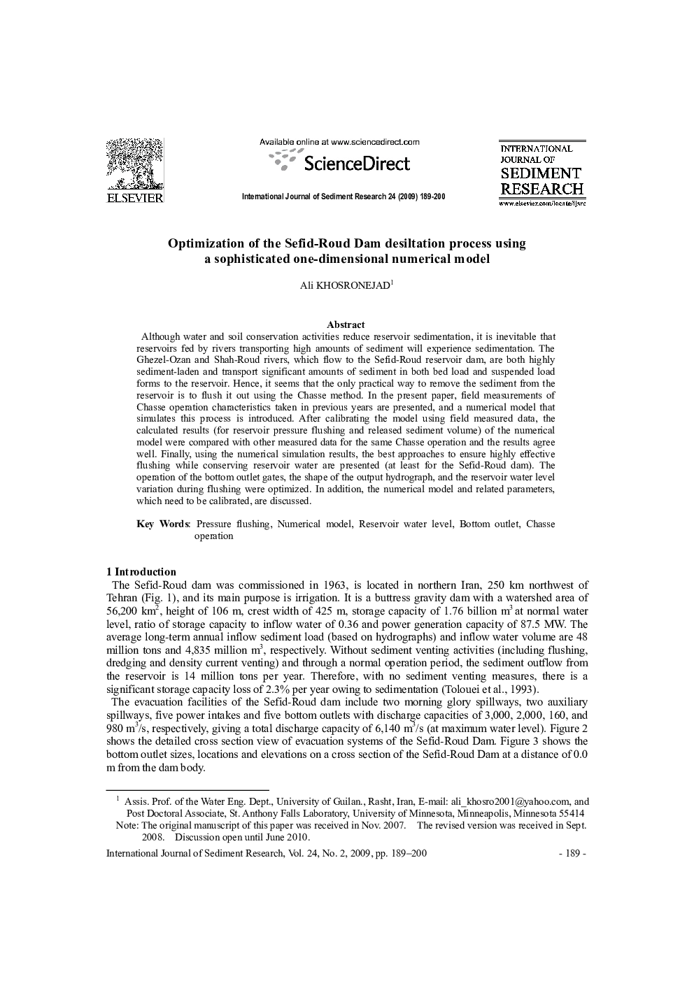Optimization of the Sefid-Roud Dam desiltation process using a sophisticated one-dimensional numerical model 