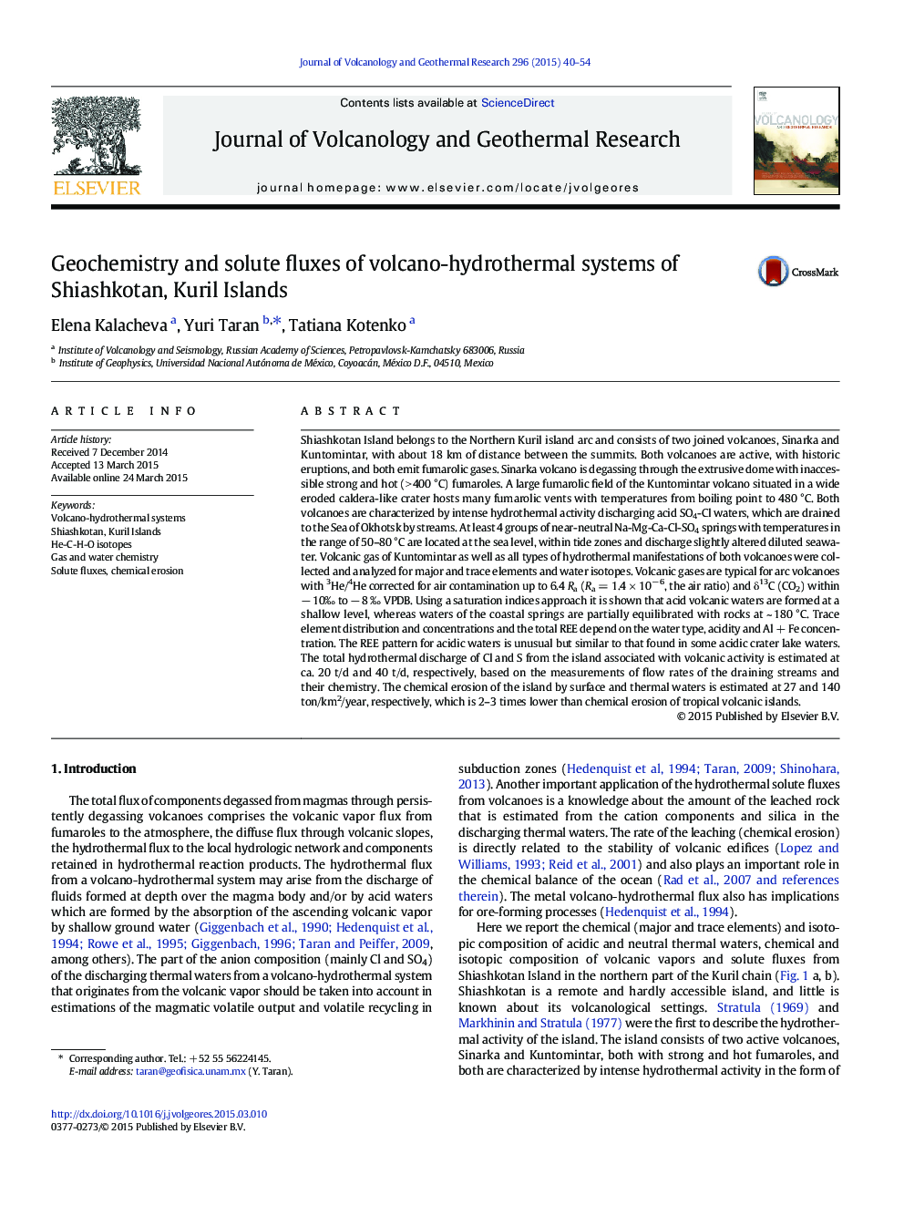 Geochemistry and solute fluxes of volcano-hydrothermal systems of Shiashkotan, Kuril Islands