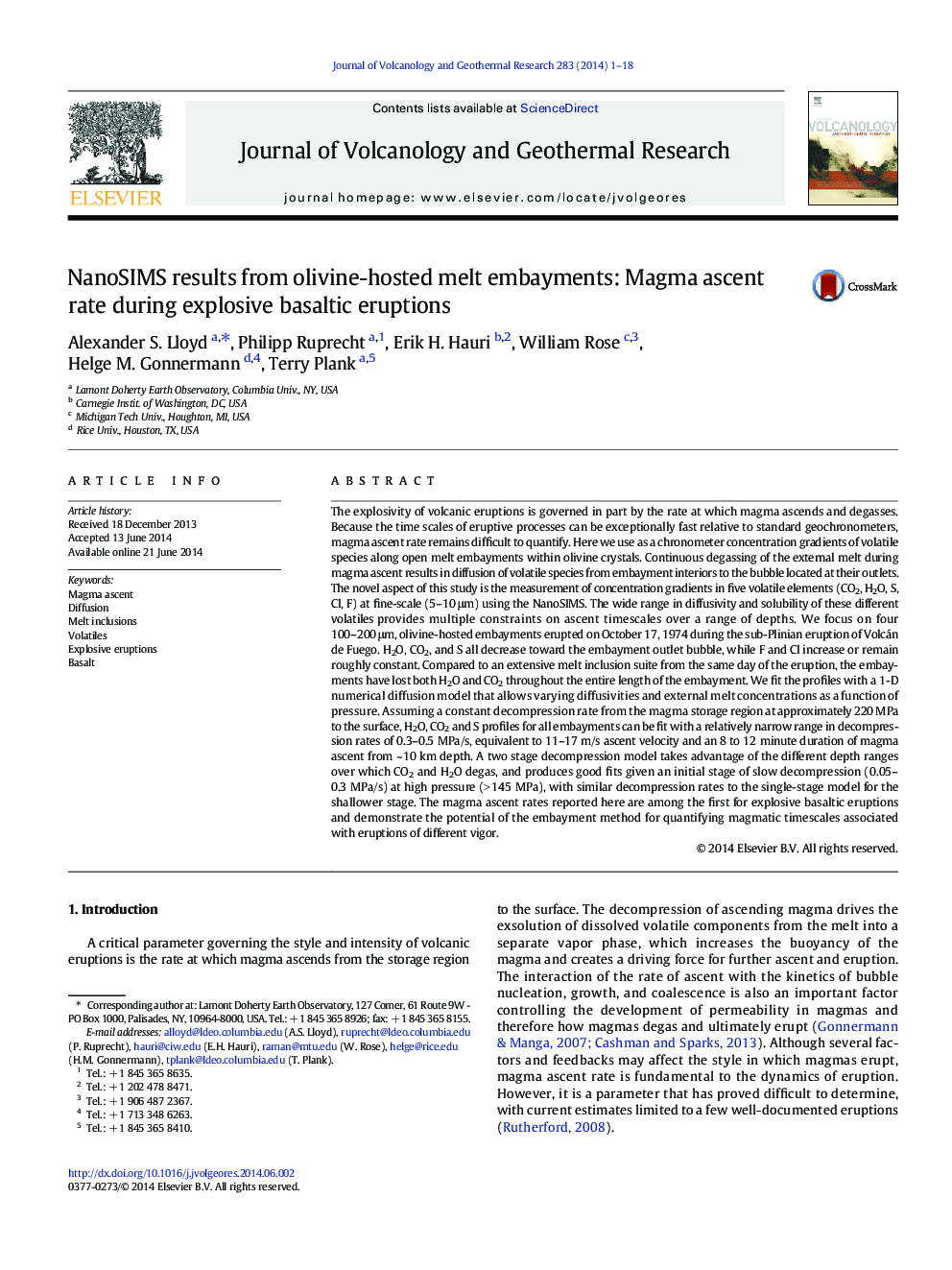 NanoSIMS results from olivine-hosted melt embayments: Magma ascent rate during explosive basaltic eruptions