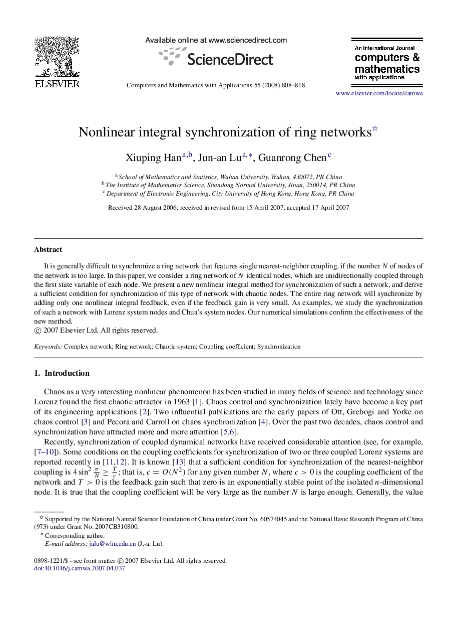 Nonlinear integral synchronization of ring networks 