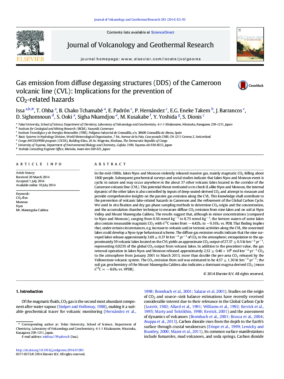 Gas emission from diffuse degassing structures (DDS) of the Cameroon volcanic line (CVL): Implications for the prevention of CO2-related hazards