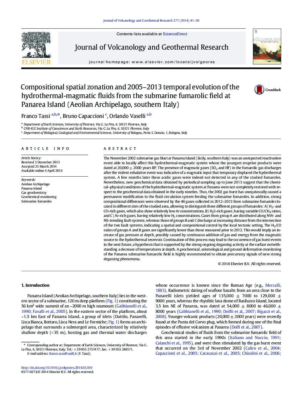 Compositional spatial zonation and 2005–2013 temporal evolution of the hydrothermal-magmatic fluids from the submarine fumarolic field at Panarea Island (Aeolian Archipelago, southern Italy)