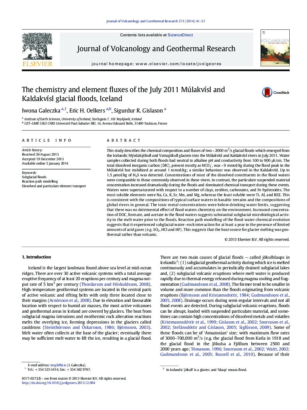 The chemistry and element fluxes of the July 2011 Múlakvísl and Kaldakvísl glacial floods, Iceland