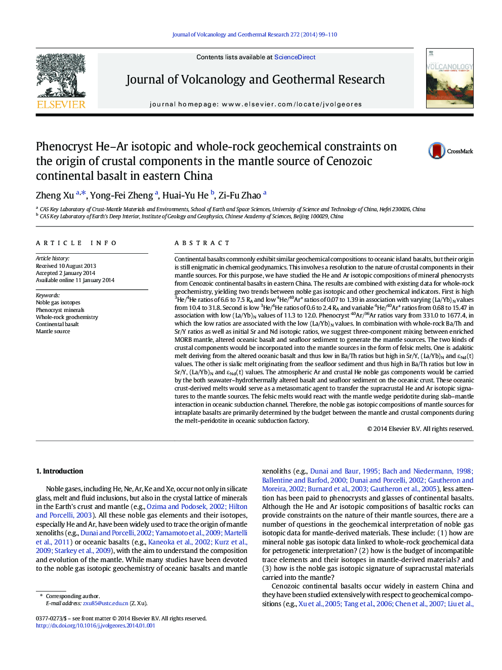 Phenocryst He–Ar isotopic and whole-rock geochemical constraints on the origin of crustal components in the mantle source of Cenozoic continental basalt in eastern China