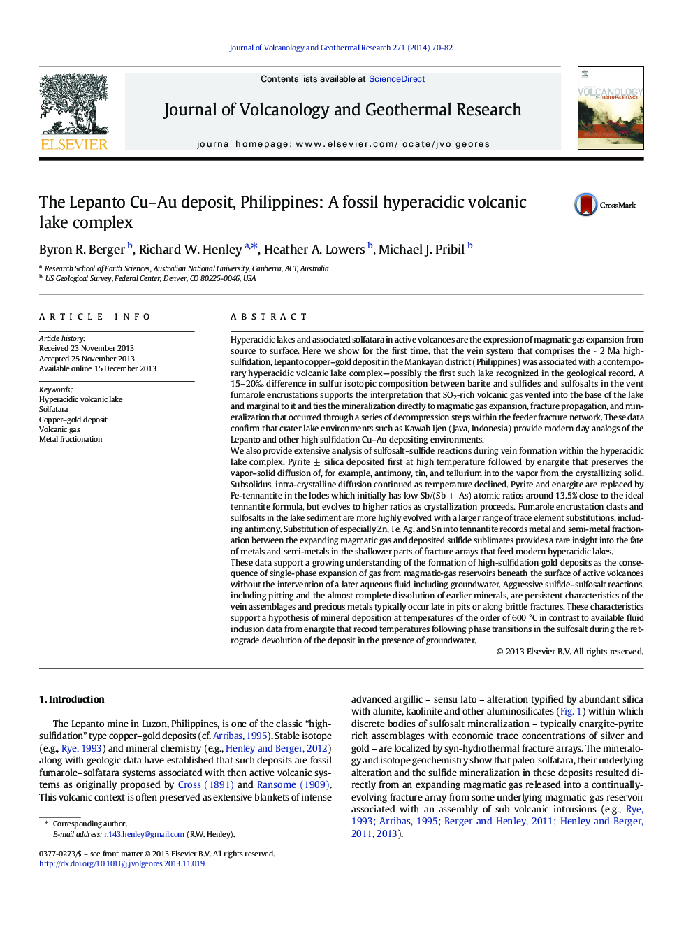 The Lepanto Cu–Au deposit, Philippines: A fossil hyperacidic volcanic lake complex