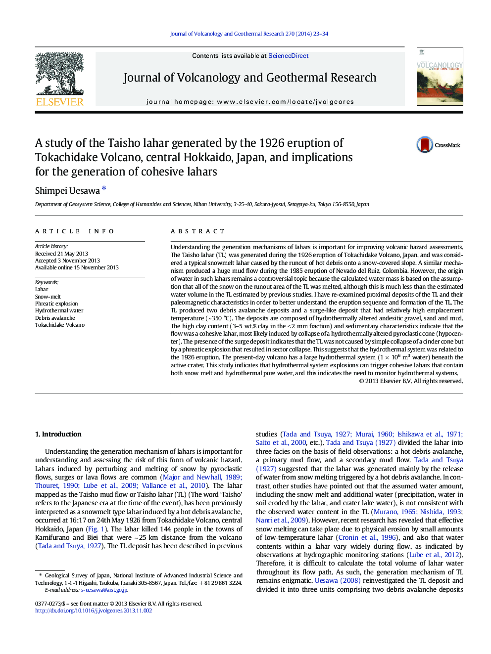 A study of the Taisho lahar generated by the 1926 eruption of Tokachidake Volcano, central Hokkaido, Japan, and implications for the generation of cohesive lahars