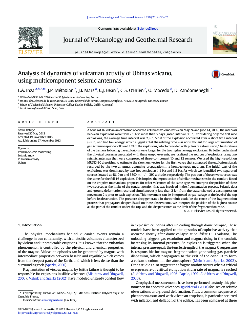 Analysis of dynamics of vulcanian activity of Ubinas volcano, using multicomponent seismic antennas