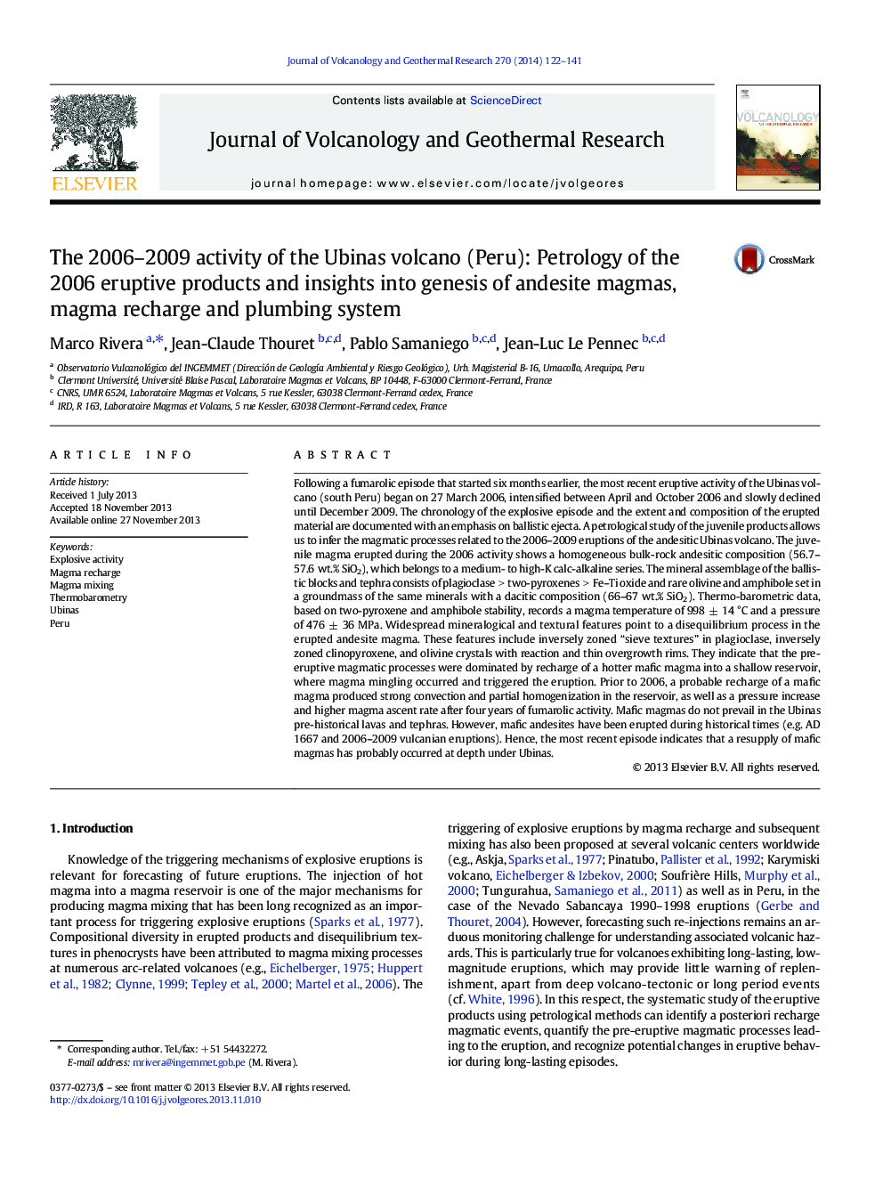 The 2006–2009 activity of the Ubinas volcano (Peru): Petrology of the 2006 eruptive products and insights into genesis of andesite magmas, magma recharge and plumbing system