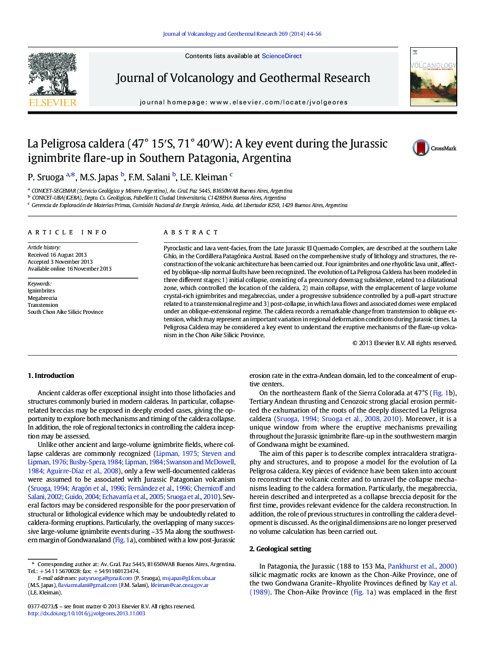 La Peligrosa caldera (47° 15′S, 71° 40′W): A key event during the Jurassic ignimbrite flare-up in Southern Patagonia, Argentina