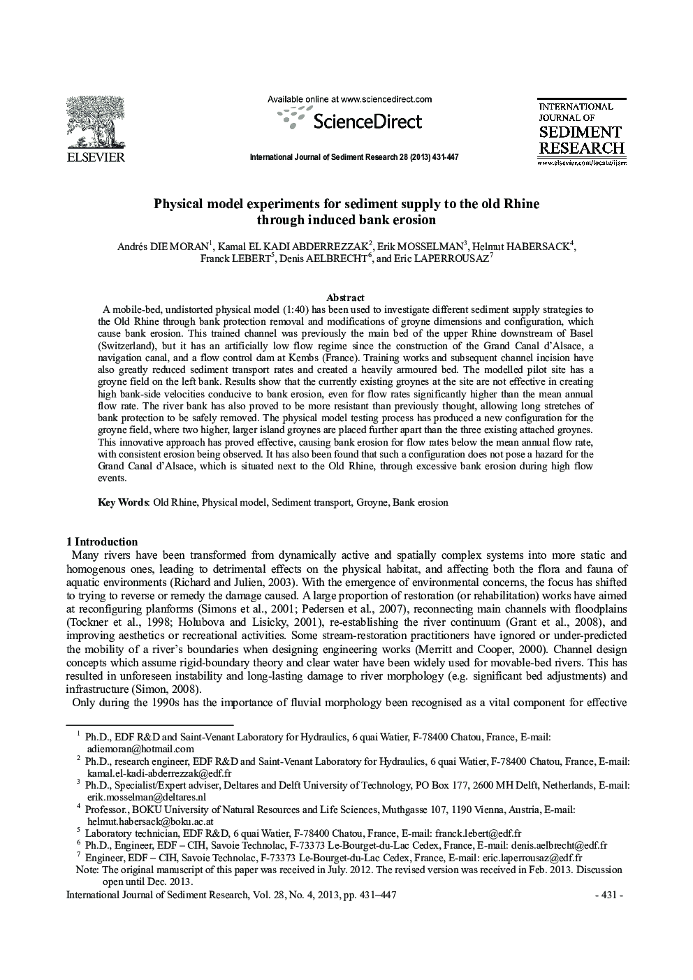 Physical model experiments for sediment supply to the old Rhine through induced bank erosion 