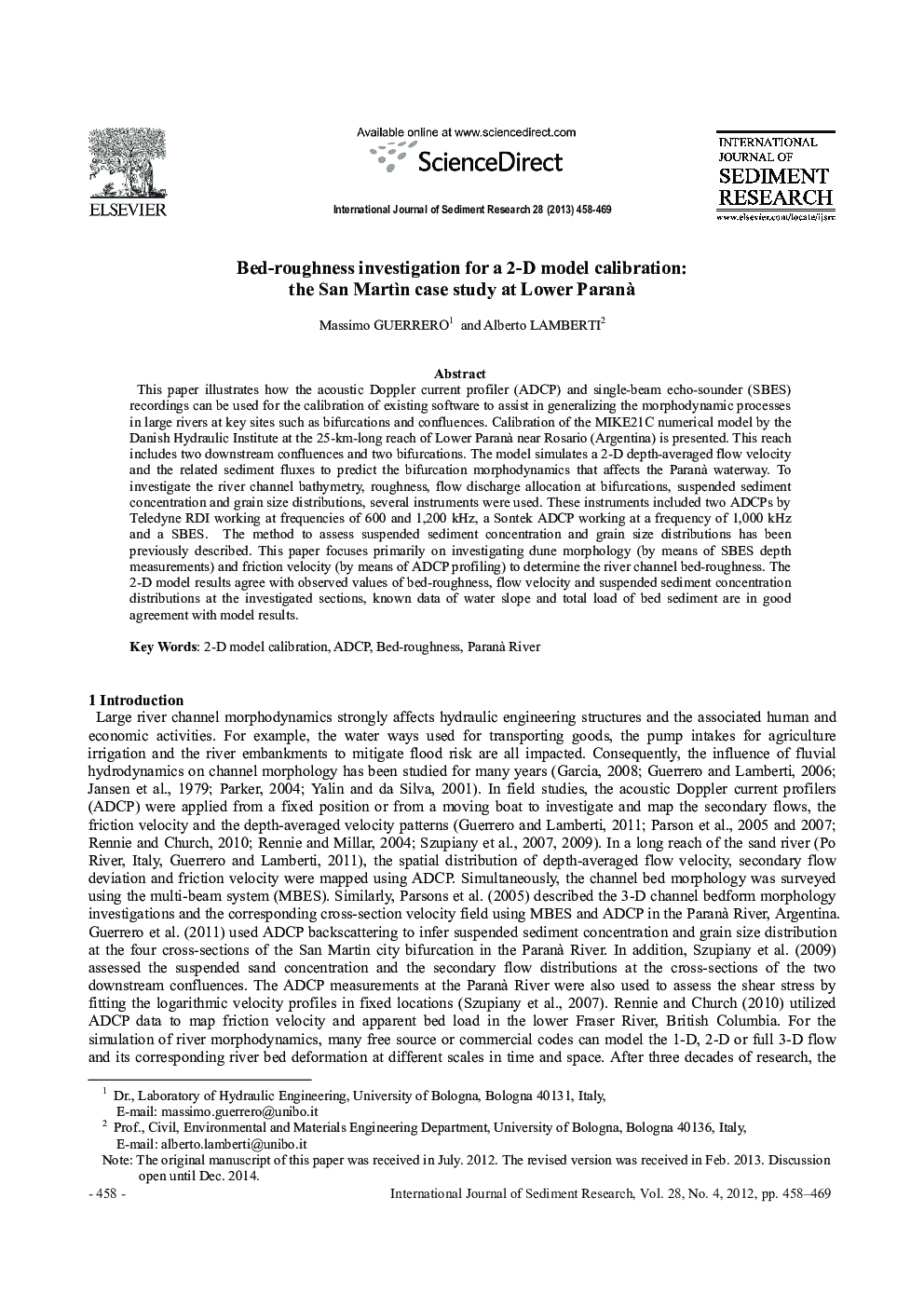Bed-roughness investigation for a 2-D model calibration: the San Martín case study at Lower Paranà 
