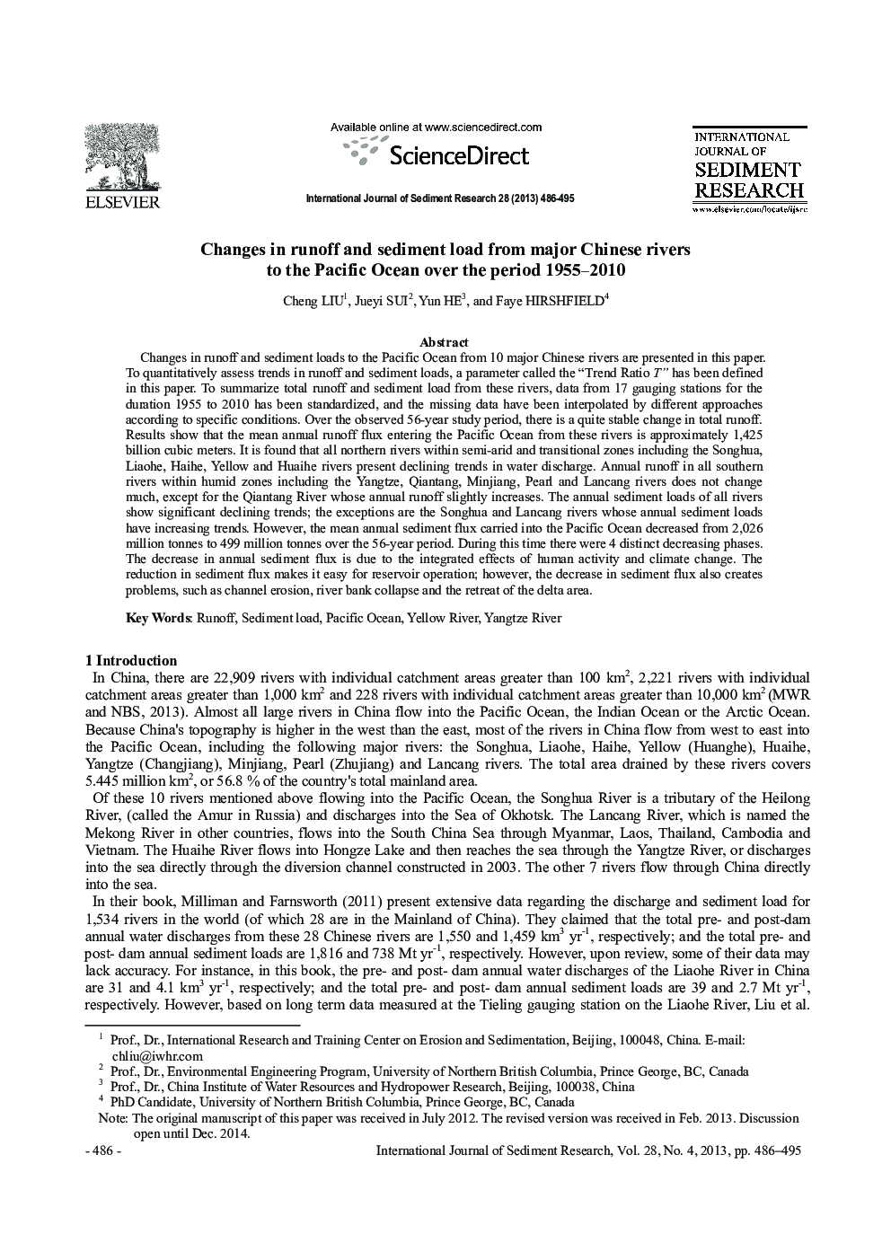 Changes in runoff and sediment load from major Chinese rivers to the Pacific Ocean over the period 1955–2010 