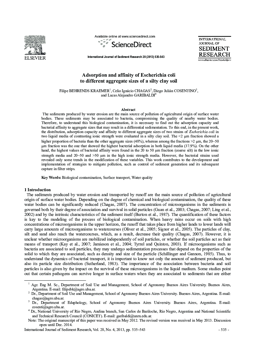 Adsorption and affinity of Escherichia coli to different aggregate sizes of a silty clay soil 