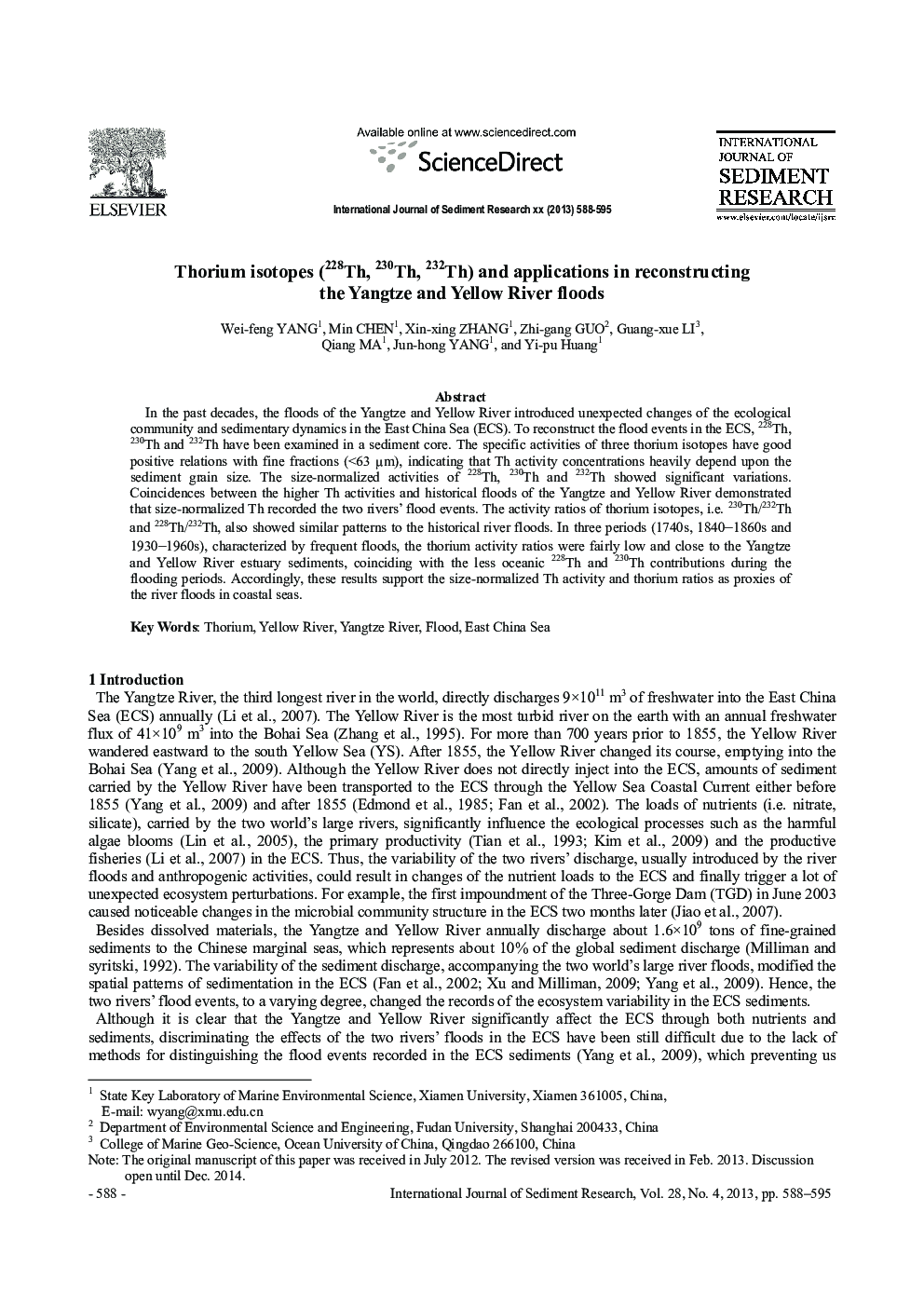 Thorium isotopes (228Th, 230Th, 232Th) and applications in reconstructing the Yangtze and Yellow River floods 