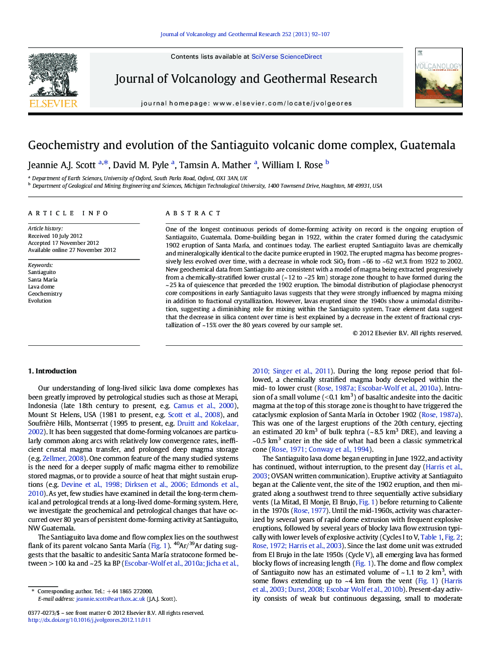 Geochemistry and evolution of the Santiaguito volcanic dome complex, Guatemala