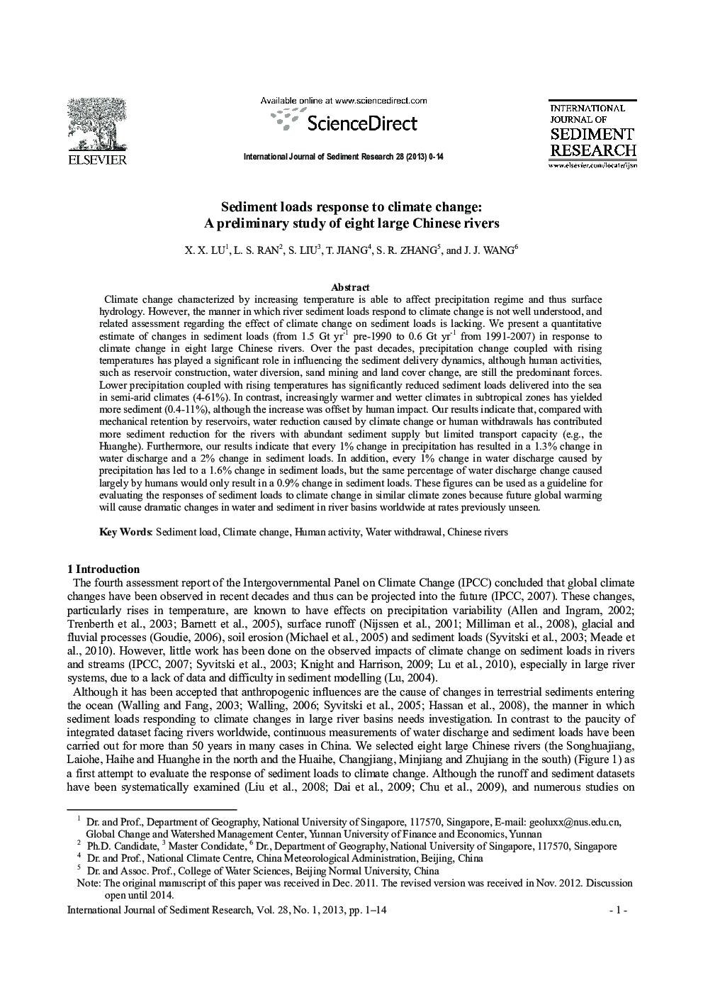 Sediment loads response to climate change: A preliminary study of eight large Chinese rivers 