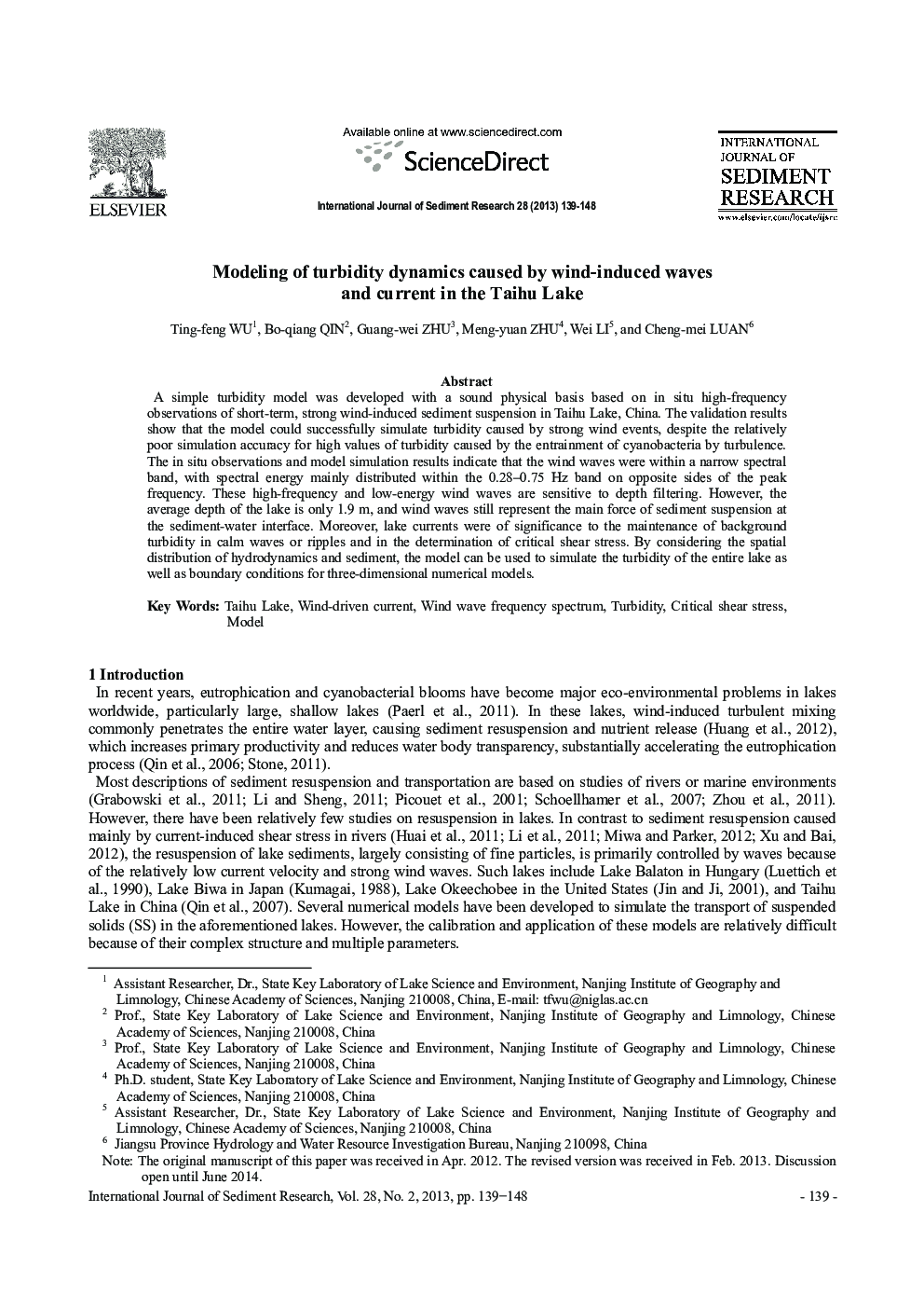 Modeling of turbidity dynamics caused by wind-induced waves and current in the Taihu Lake 