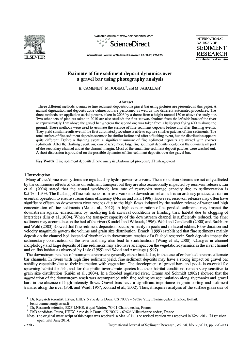 Estimate of fine sediment deposit dynamics over a gravel bar using photography analysis 