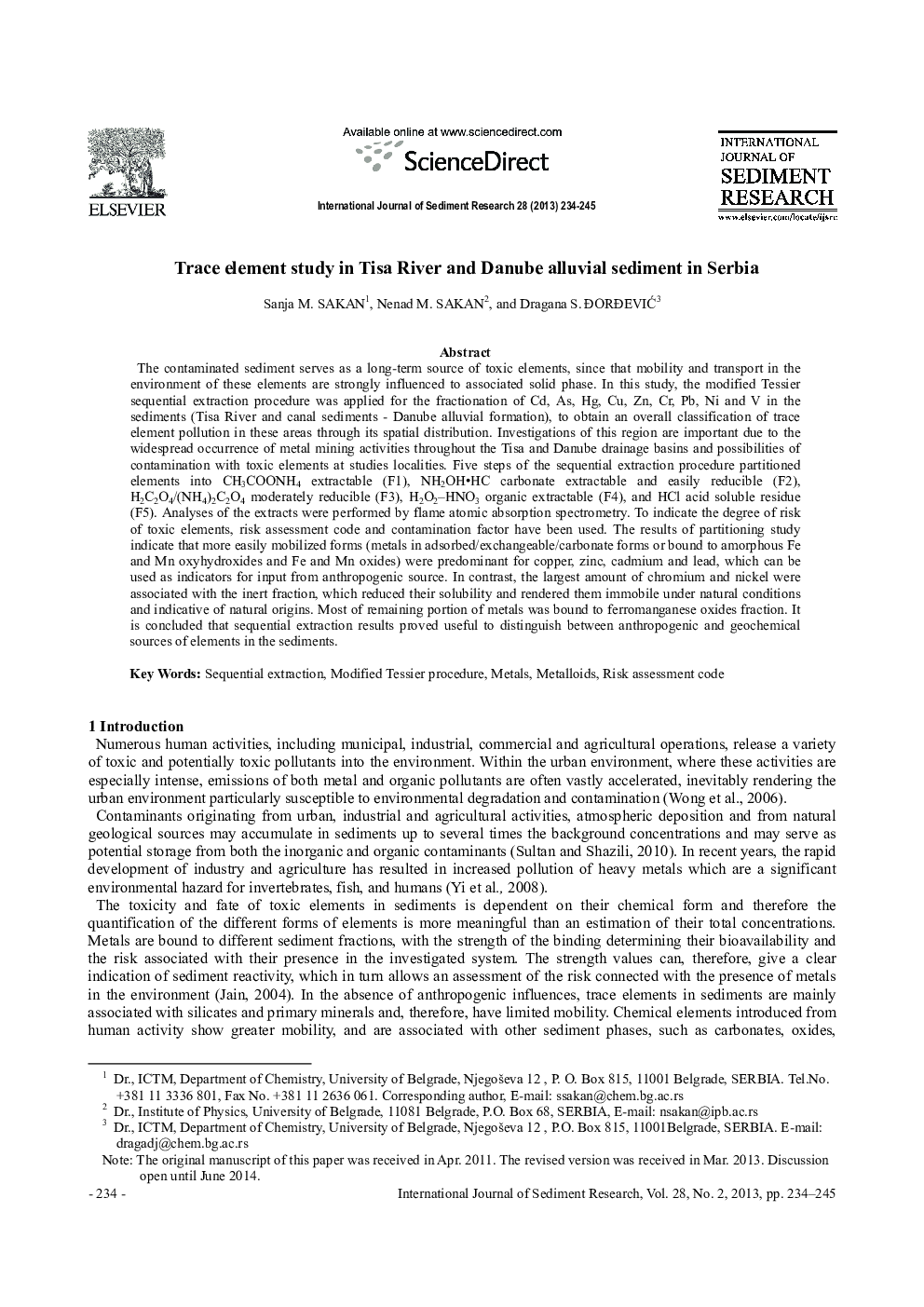Trace element study in∼Tisa River and Danube alluvial sediment in Serbia 