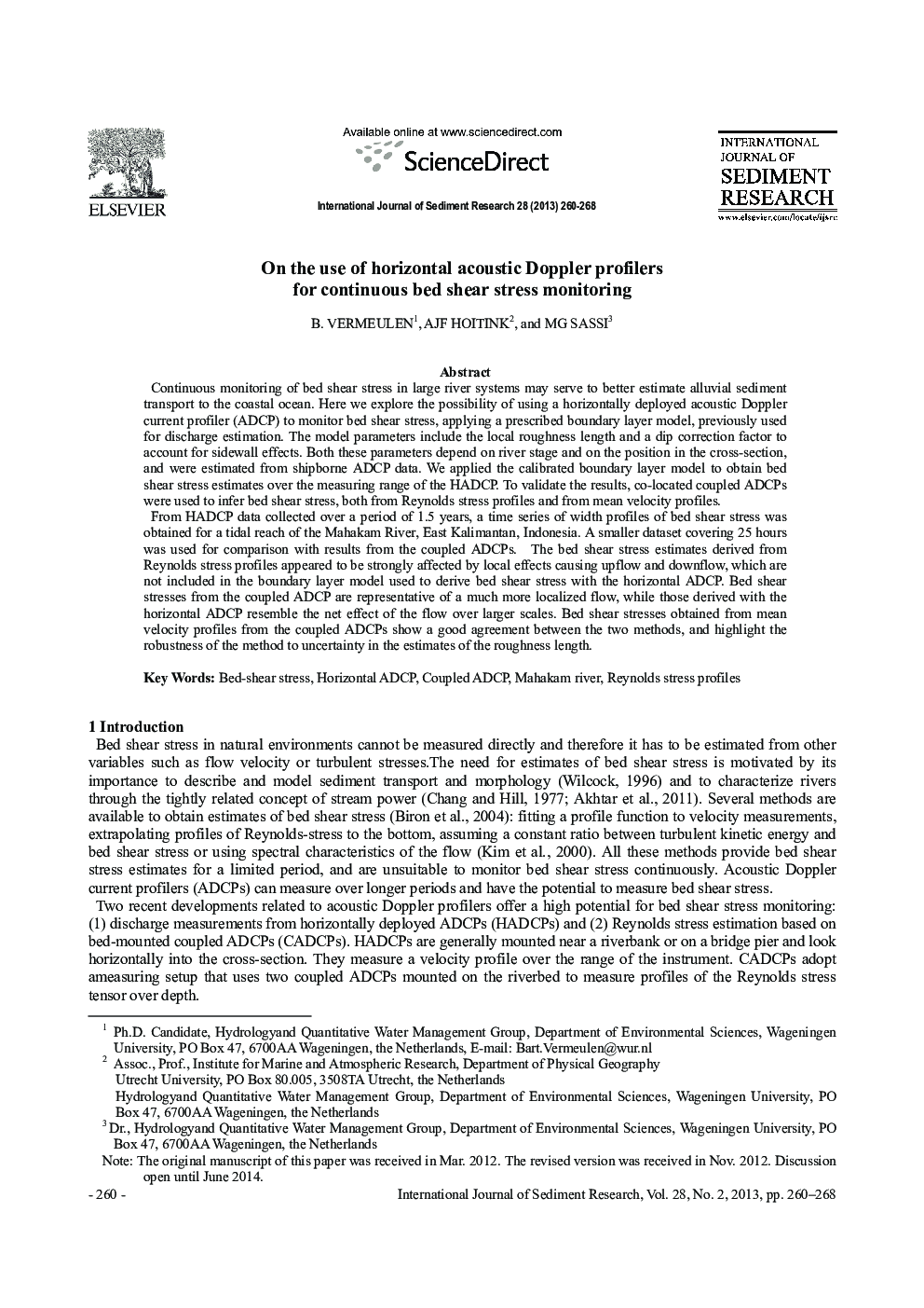 On the use of horizontal acoustic Doppler profilers for continuous bed shear stress monitoring 