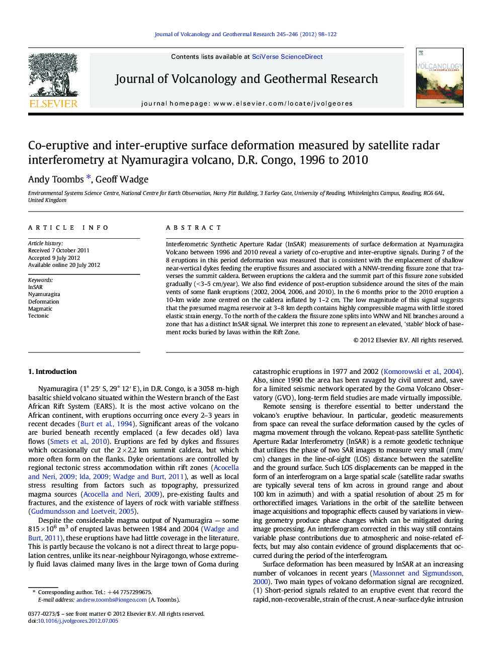 Co-eruptive and inter-eruptive surface deformation measured by satellite radar interferometry at Nyamuragira volcano, D.R. Congo, 1996 to 2010