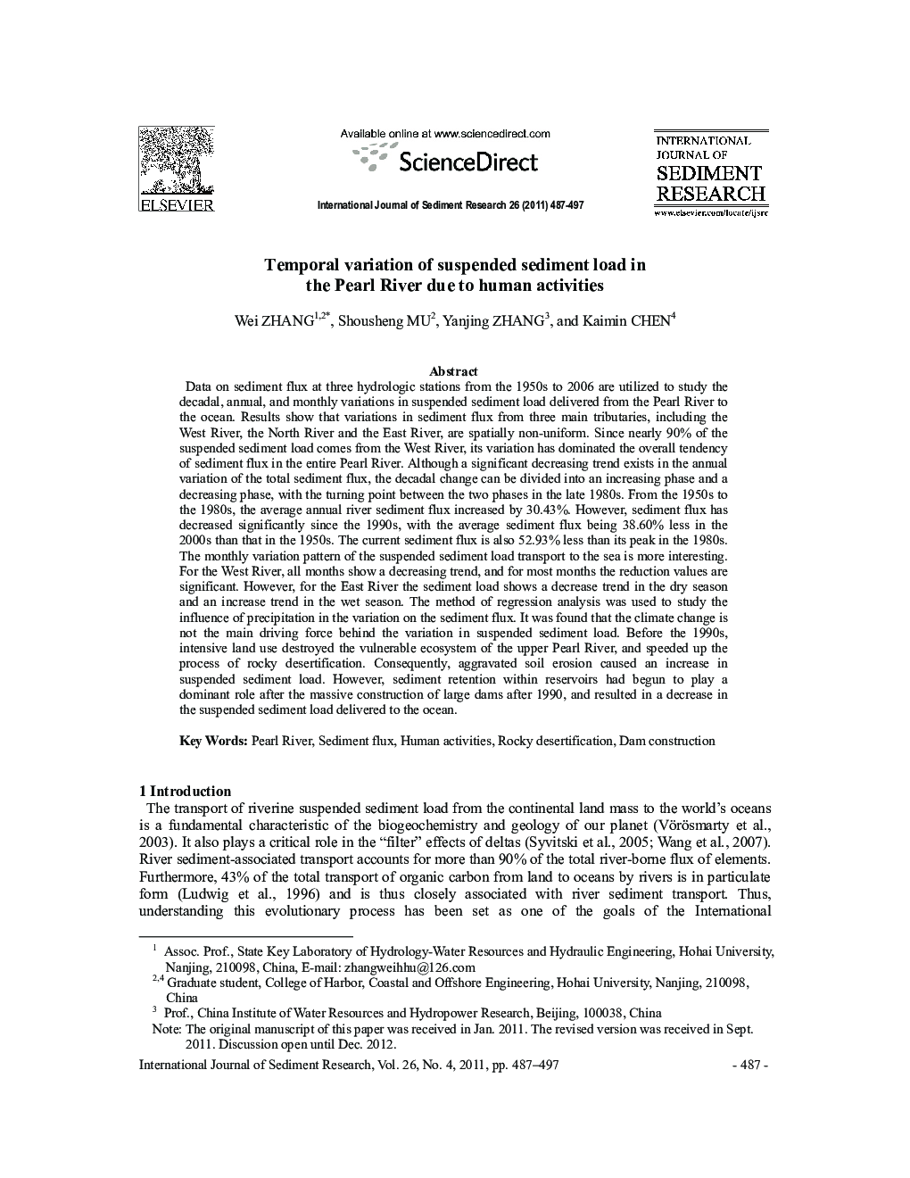 Temporal variation of suspended sediment load in the Pearl River due to human activities 