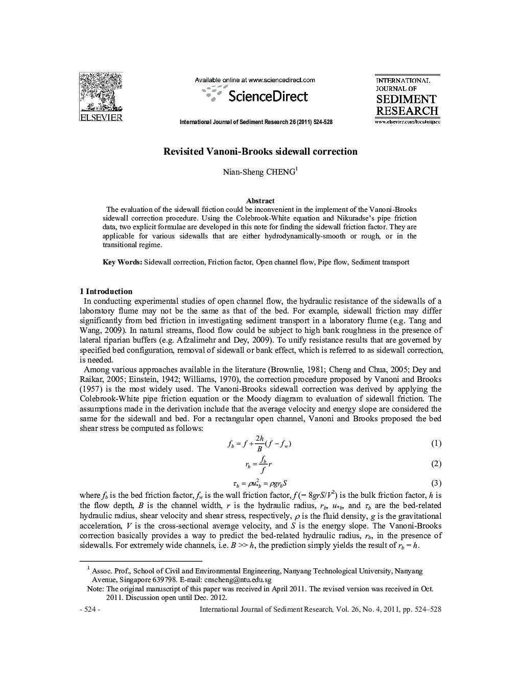 Revisited Vanoni-Brooks sidewall correction 