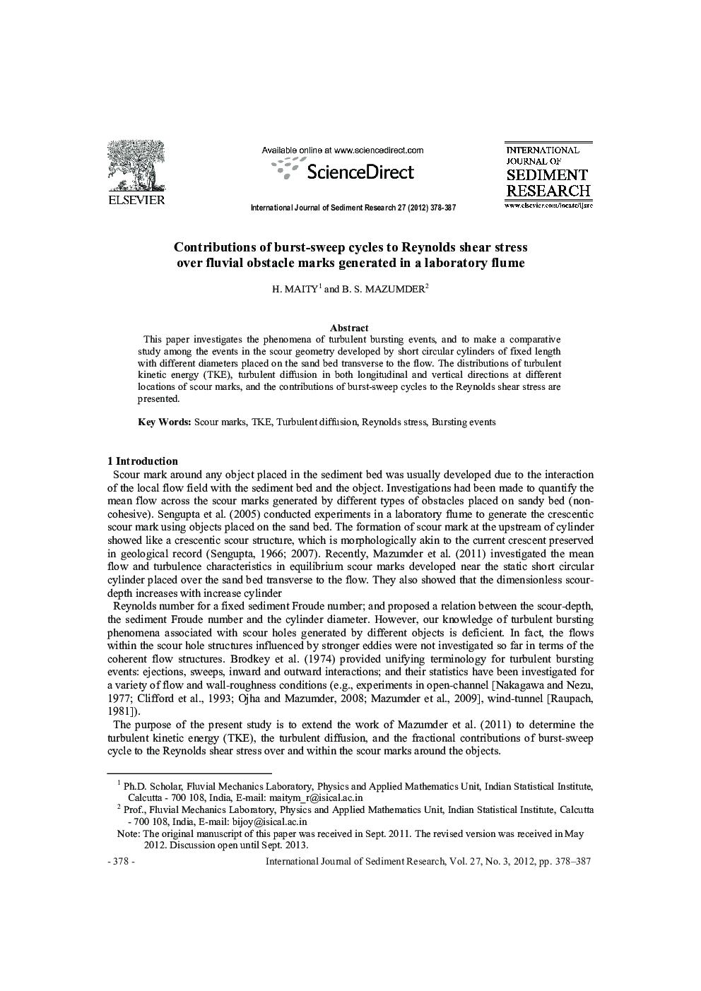 Contributions of burst-sweep cycles to Reynolds shear stress over fluvial obstacle marks generated in a laboratory flume 