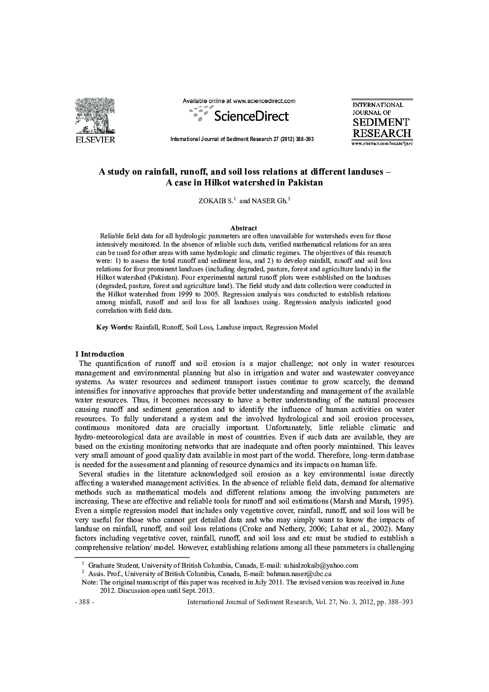 A study on rainfall, runoff, and soil loss relations at different landuses – A case in Hilkot watershed in Pakistan 
