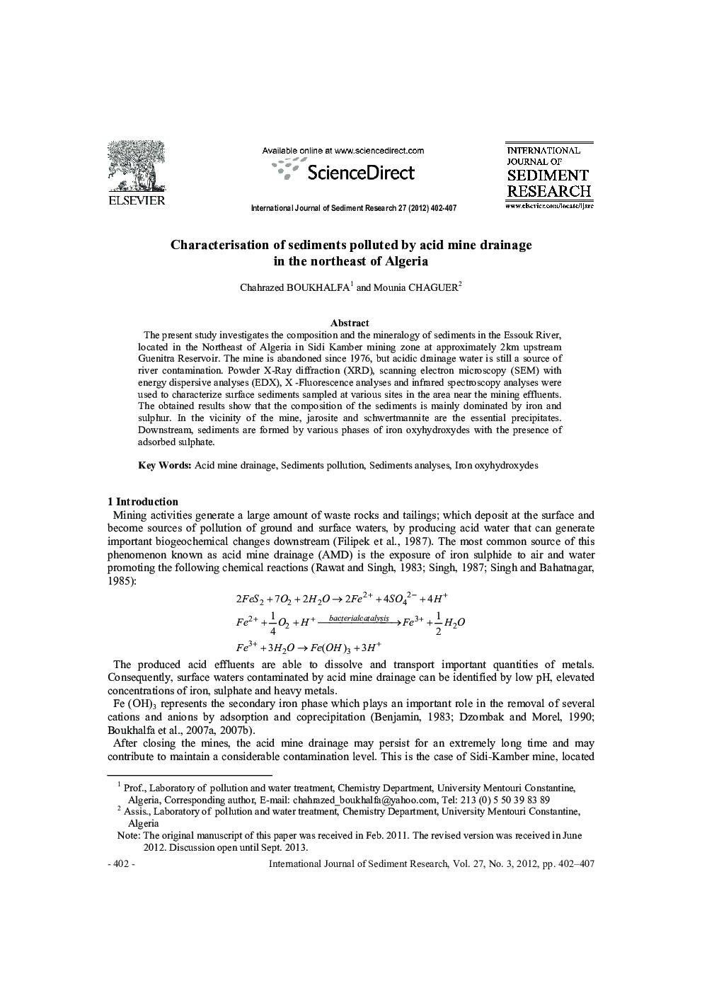 Characterisation of sediments polluted by acid mine drainage in the northeast of Algeria 