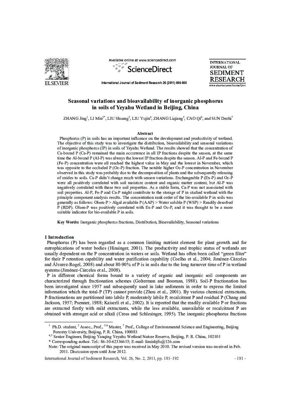 Seasonal variations and bioavailability of inorganic phosphorus in soils of Yeyahu Wetland in Beijing, China 