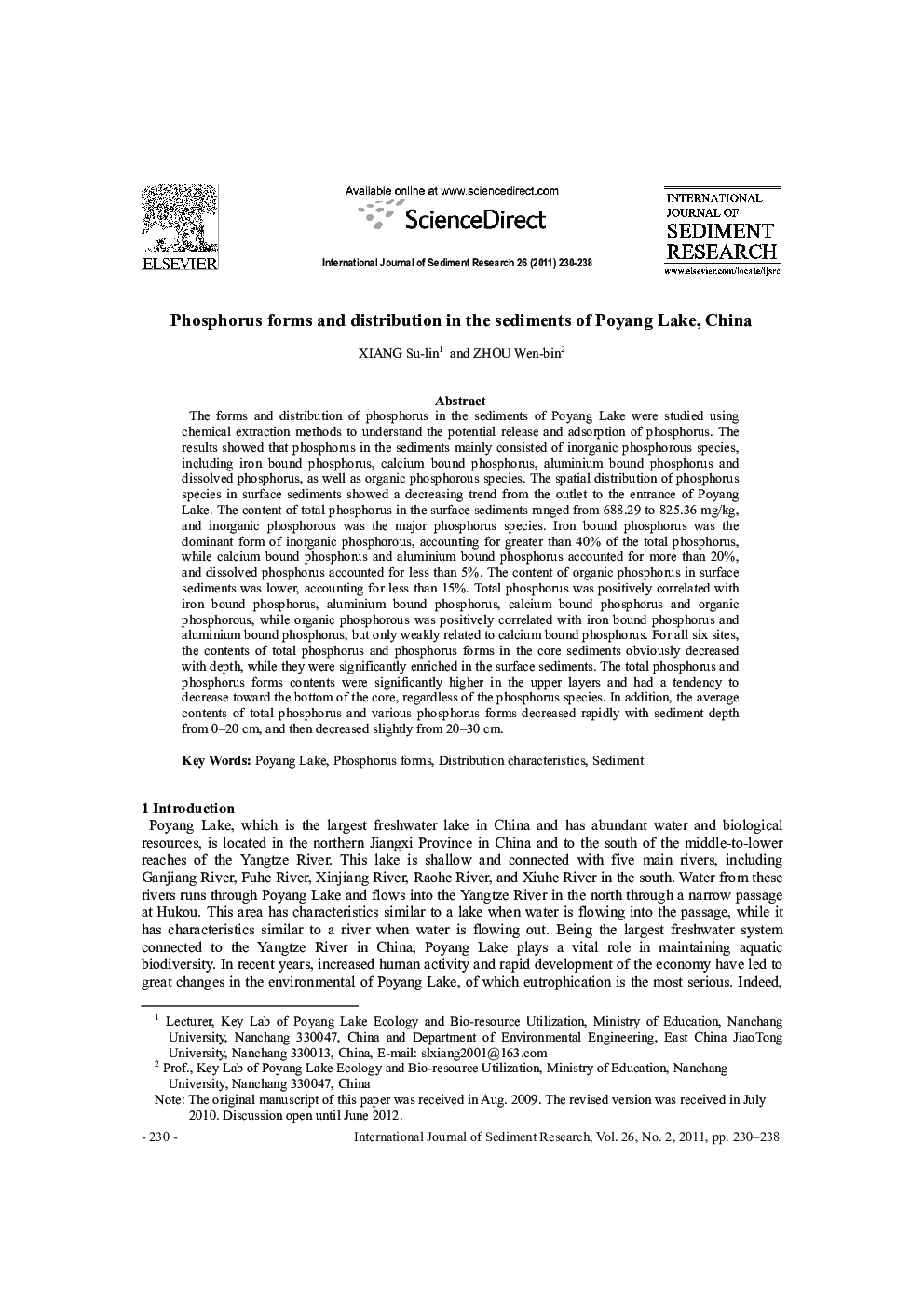Phosphorus forms and distribution in the sediments of Poyang Lake, China 