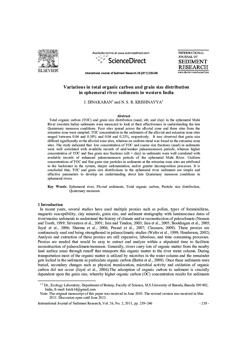 Variations in total organic carbon and grain size distribution in ephemeral river sediments in western India 