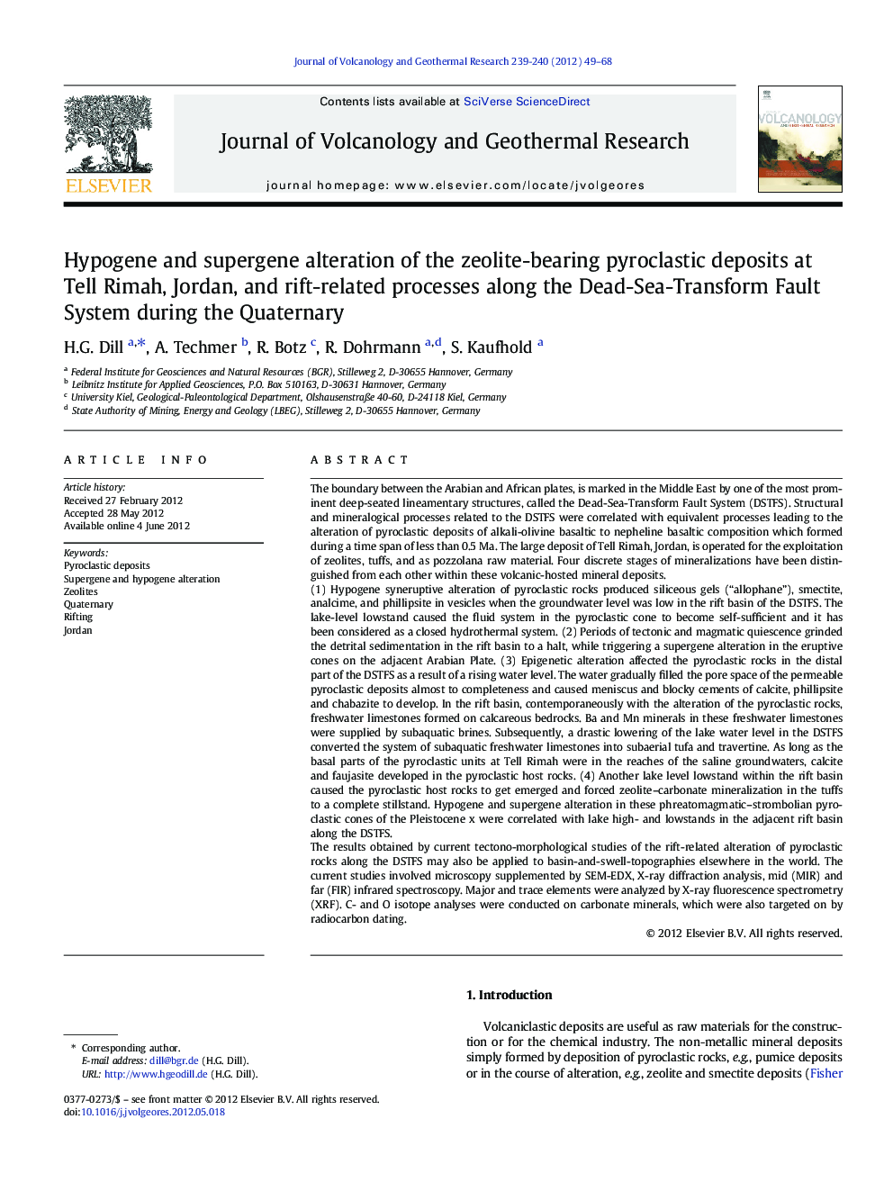 Hypogene and supergene alteration of the zeolite-bearing pyroclastic deposits at Tell Rimah, Jordan, and rift-related processes along the Dead-Sea-Transform Fault System during the Quaternary