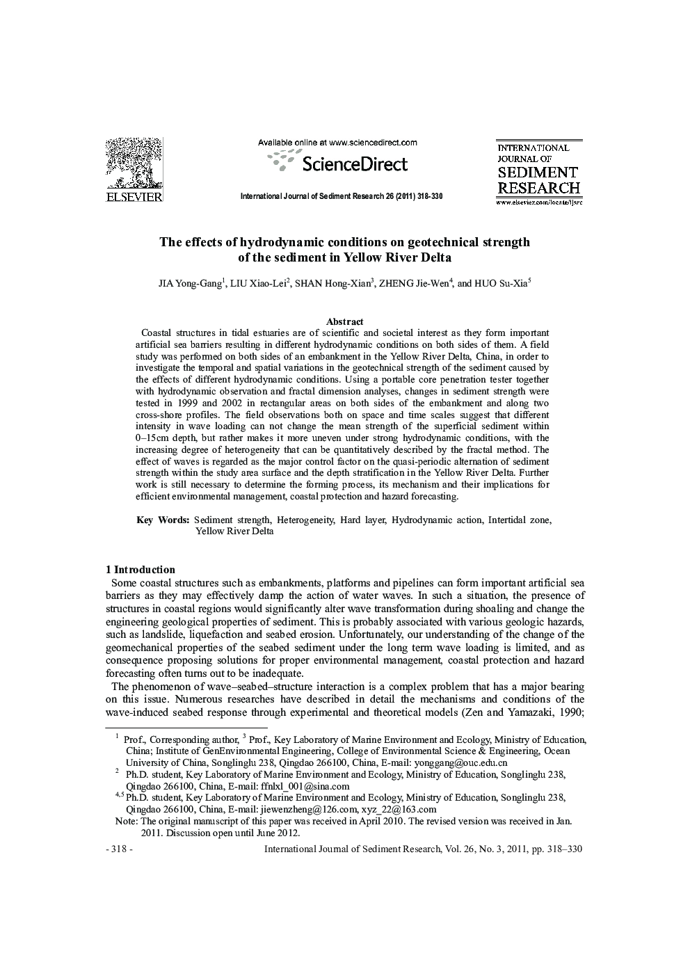 The effects of hydrodynamic conditions on geotechnical strength of the sediment in Yellow River Delta 