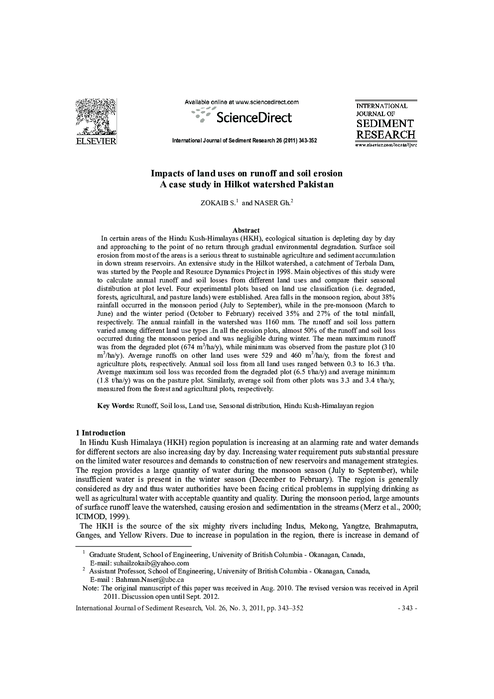 Impacts of land uses on runoff and soil erosion A case study in Hilkot watershed Pakistan 