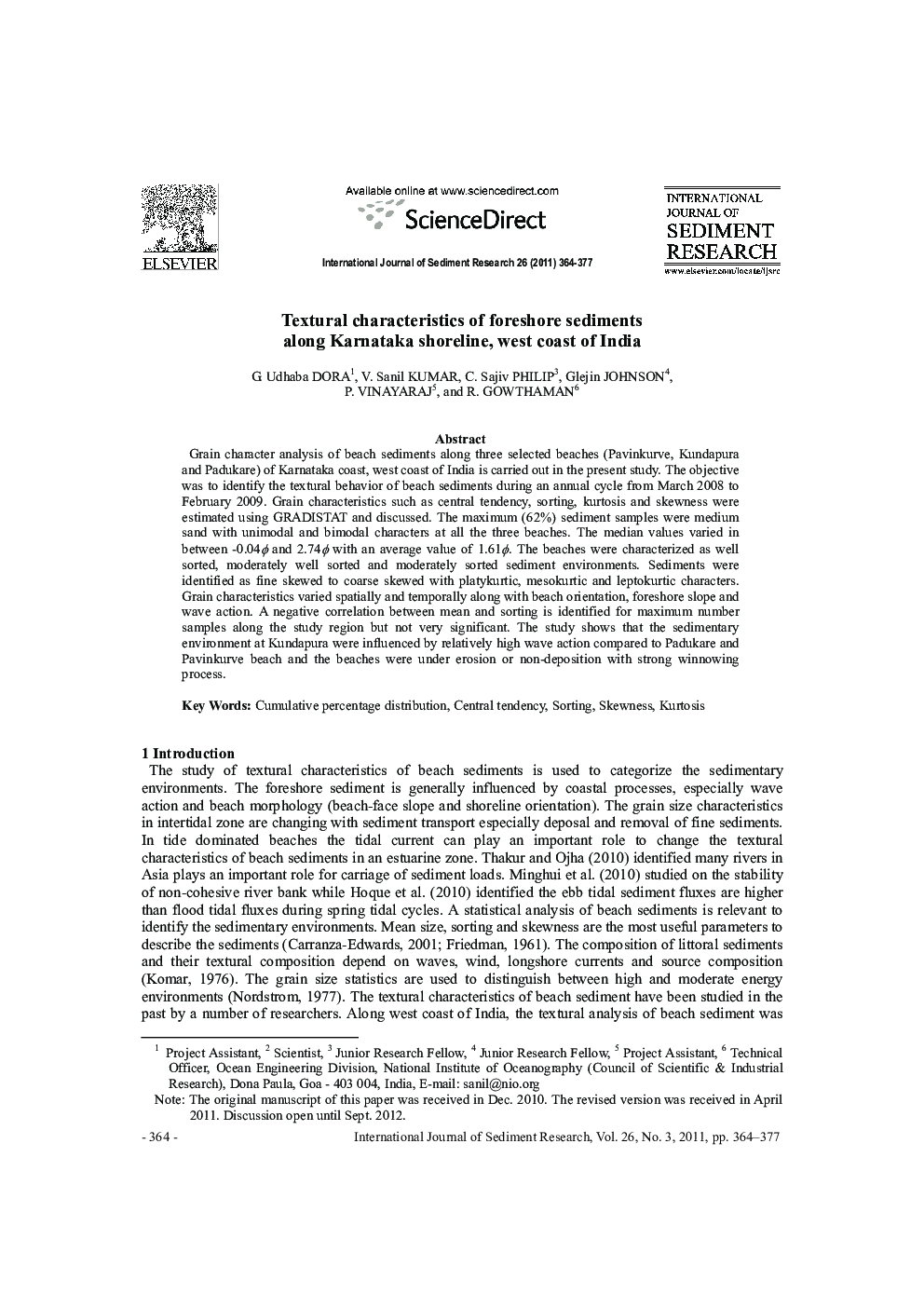 Textural characteristics of foreshore sediments along Karnataka shoreline, west coast of India 